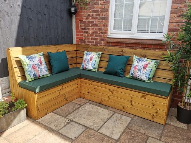Handmade corner bench with storage and cushions